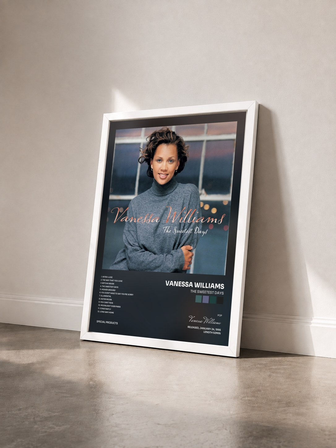 #blanc Tableau de l'album The Sweetest Days de Vanessa Williams vu de trois quarts, cadre blanc