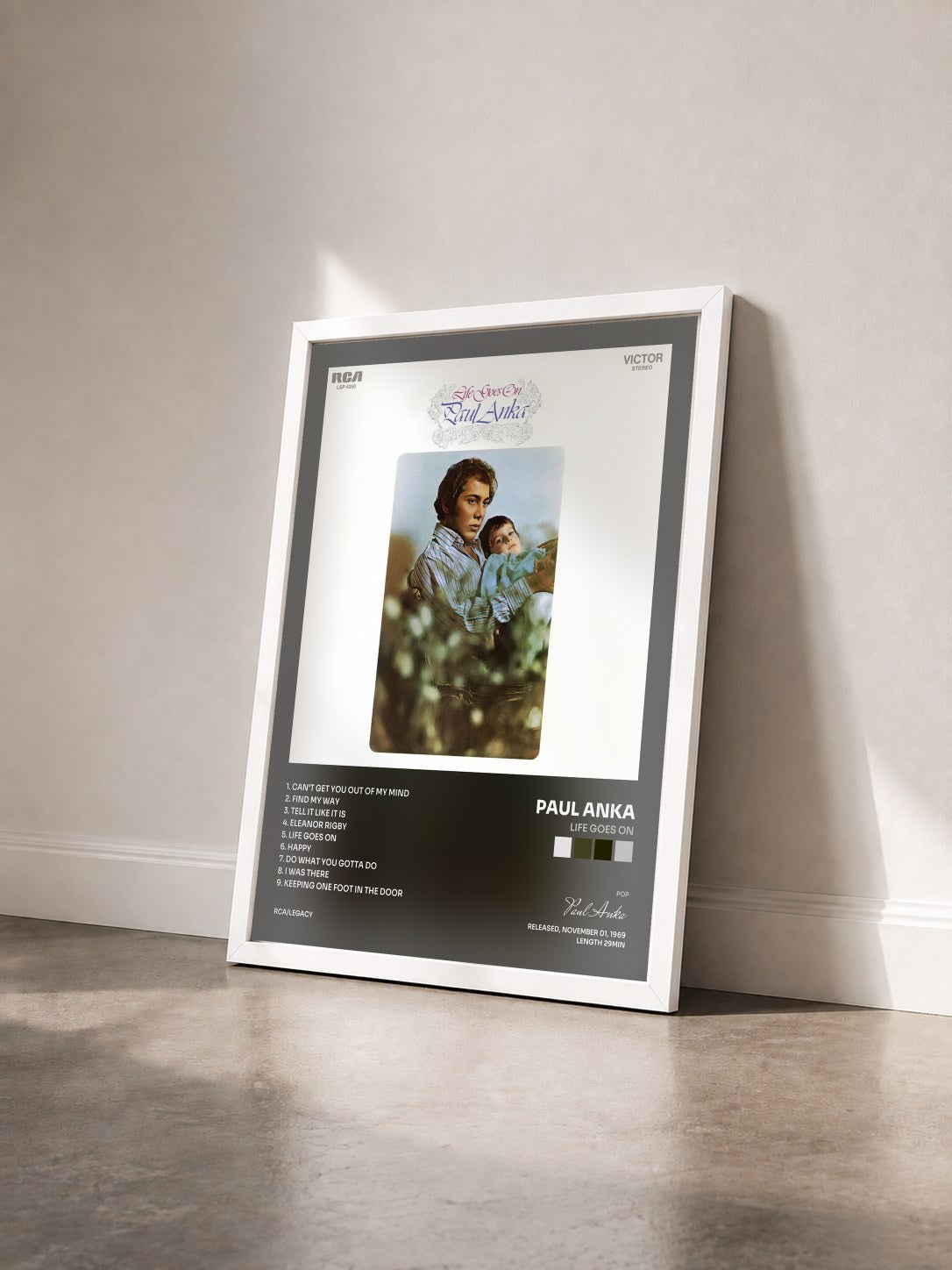 #blanc Tableau de l'album Life Goes On de Paul Anka vu de trois quarts, cadre blanc