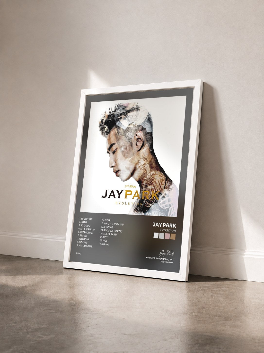 #blanc Tableau de l'album EVOLUTION de Jay Park vu de trois quarts, cadre blanc