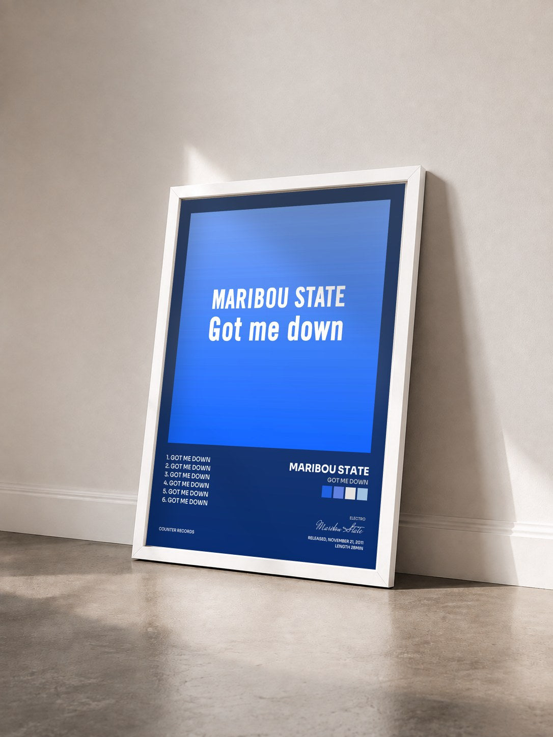 #blanc Tableau de l'album Got Me Down de Maribou State vu de trois quarts, cadre blanc