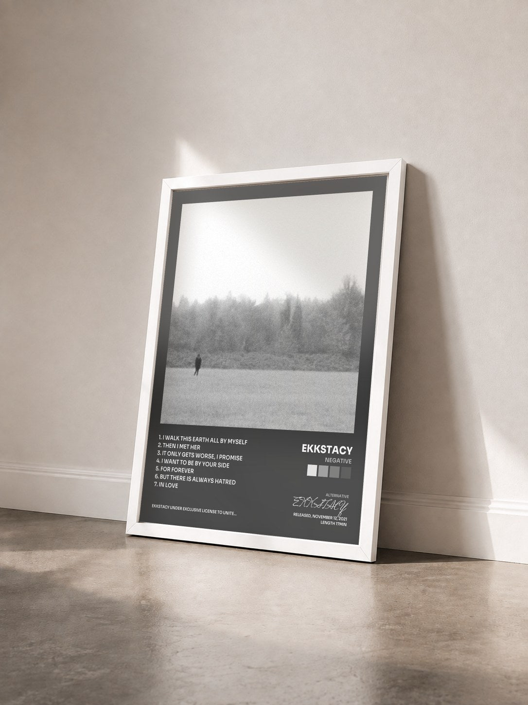 #blanc Tableau de l'album NEGATIVE de EKKSTACY vu de trois quarts, cadre blanc