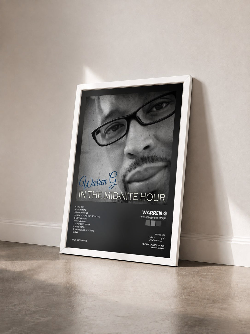 #blanc Tableau de l'album In the Midnite Hour de Warren G vu de trois quarts, cadre blanc