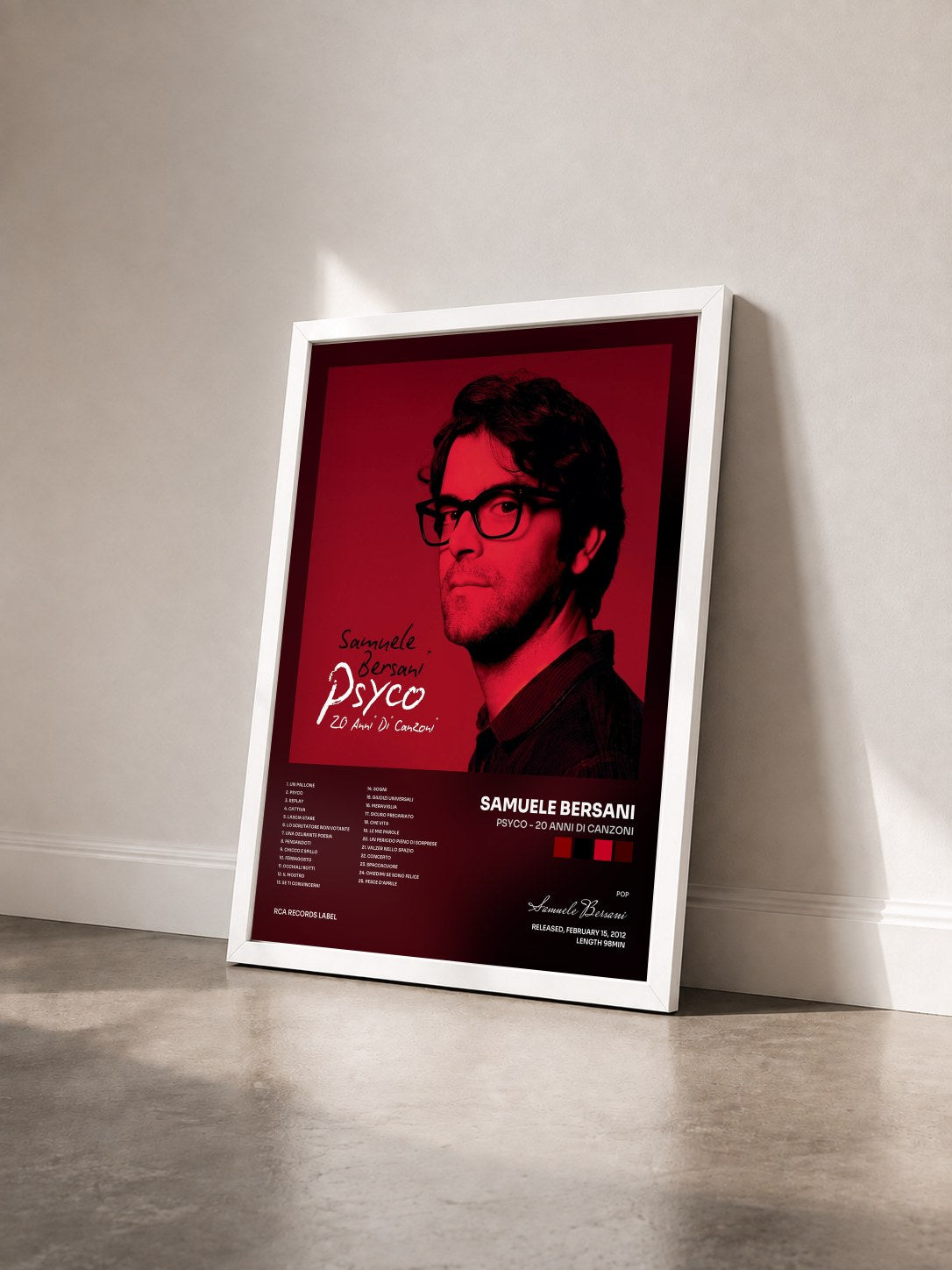 #blanc Tableau de l'album Psyco - 20 anni di canzoni de Samuele Bersani vu de trois quarts, cadre blanc