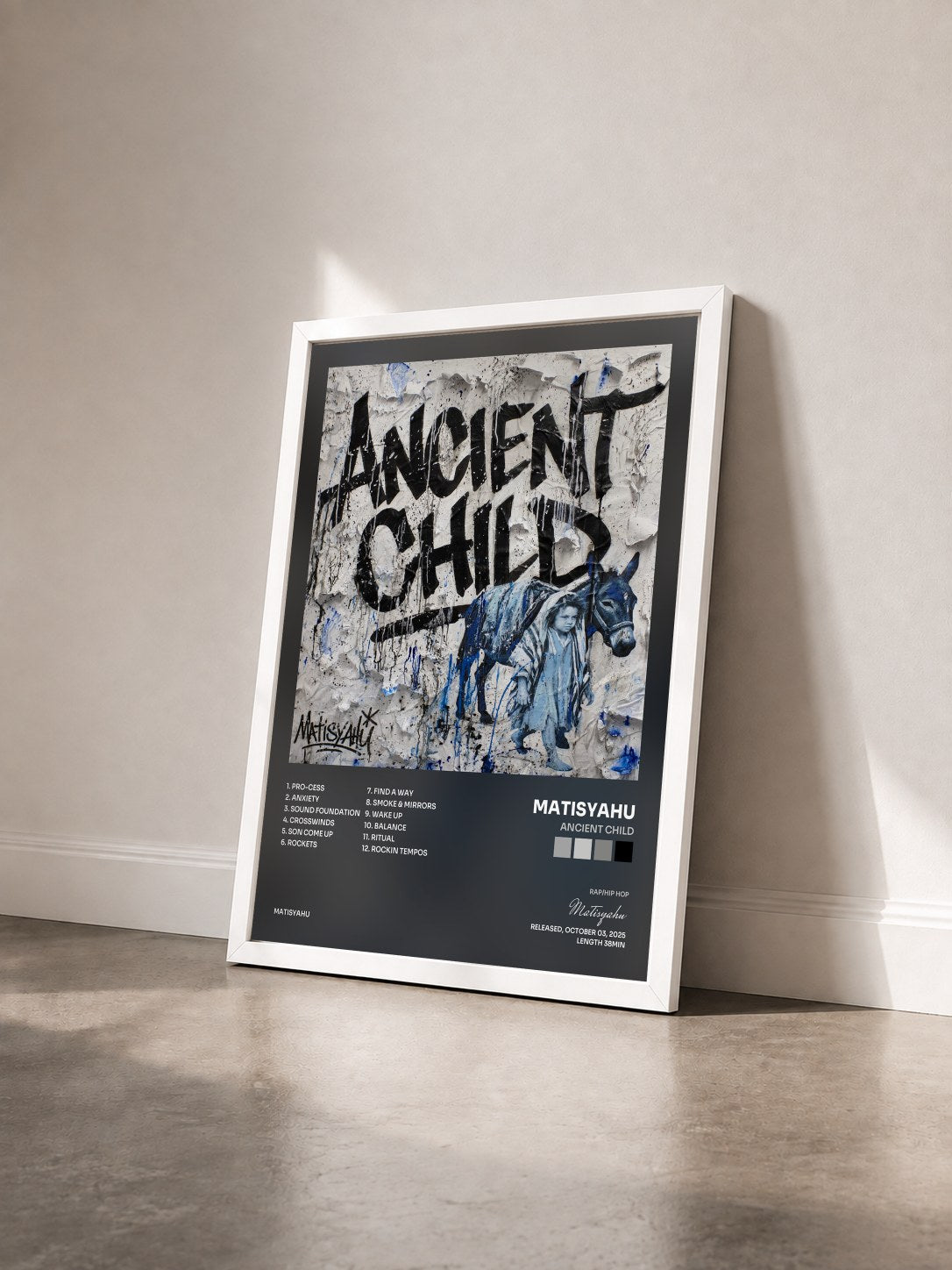 #blanc Tableau de l'album Ancient Child de Matisyahu vu de trois quarts, cadre blanc