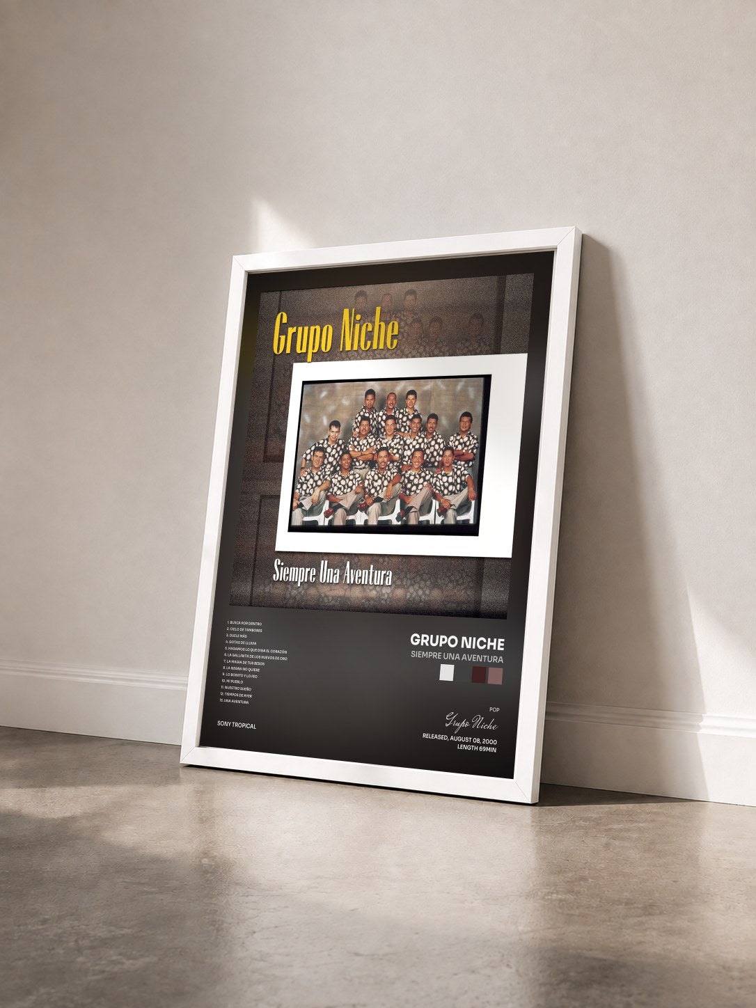 #blanc Tableau de l'album Siempre Una Aventura de Grupo Niche vu de trois quarts, cadre blanc