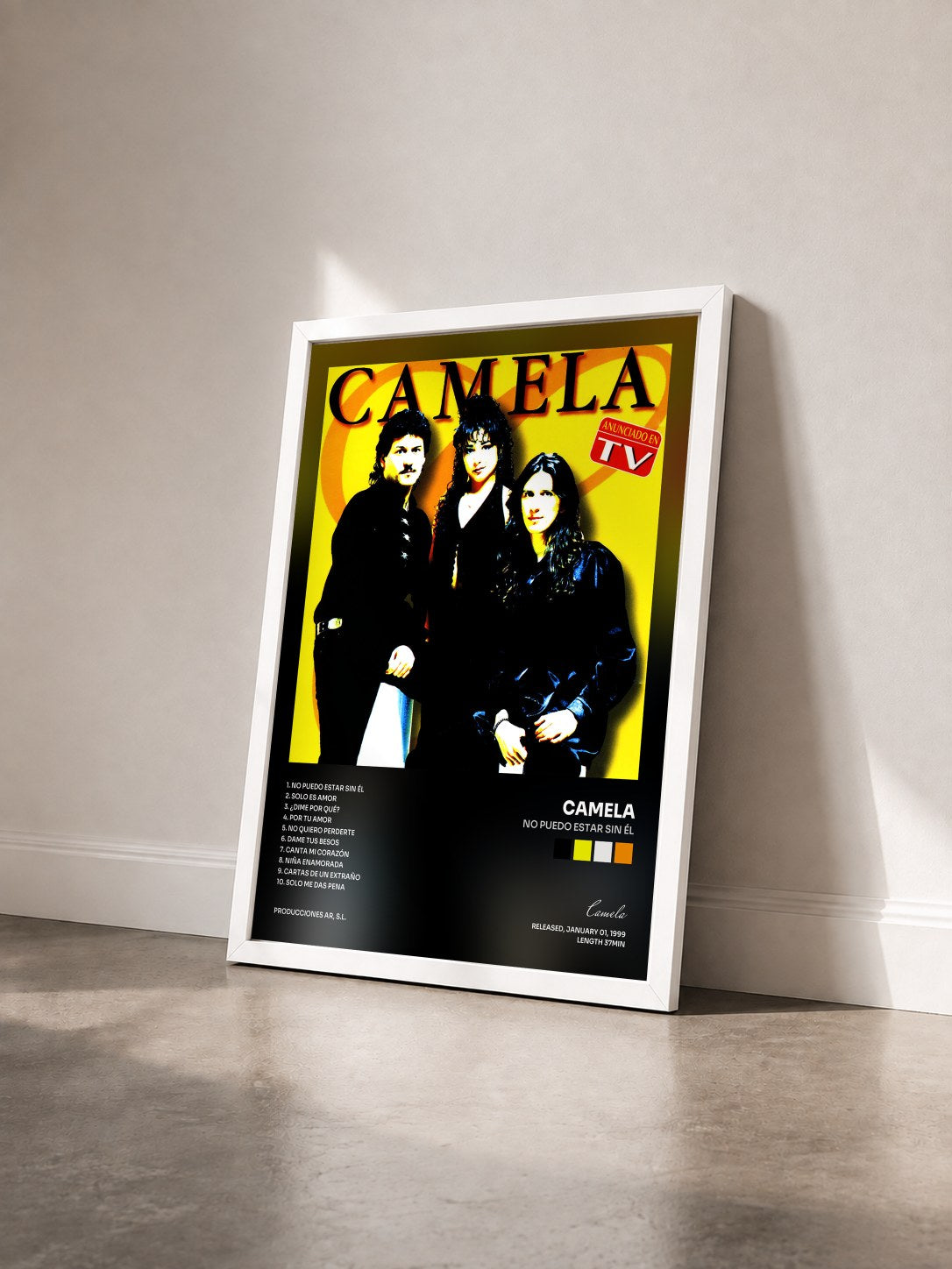 #blanc Tableau de l'album No Puedo Estar Sin Él de Camela vu de trois quarts, cadre blanc
