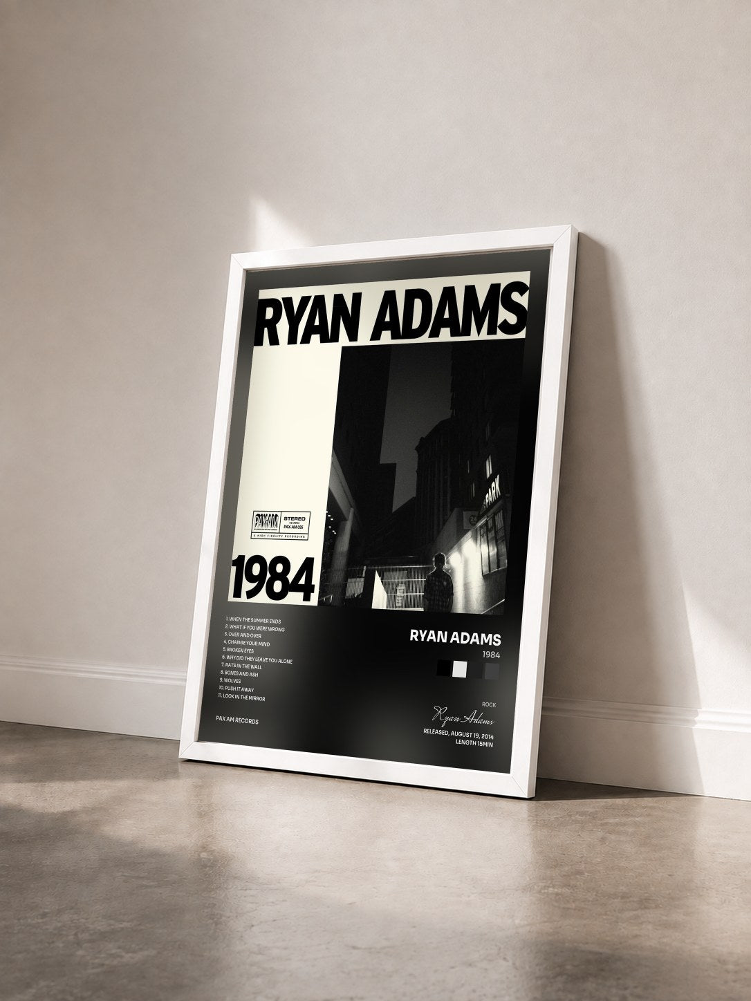 #blanc Tableau de l'album 1984 de Ryan Adams vu de trois quarts, cadre blanc