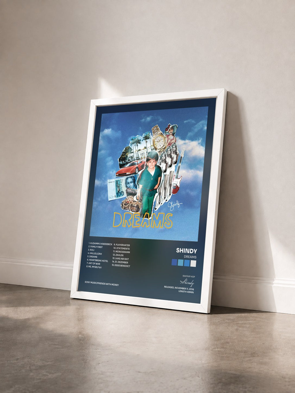 #blanc Tableau de l'album DREAMS de Shindy vu de trois quarts, cadre blanc