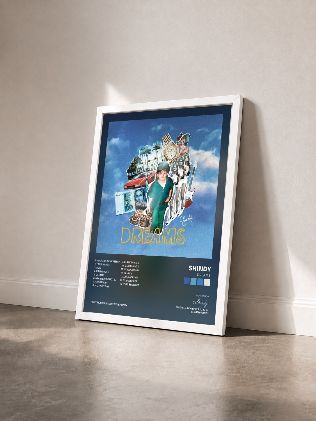 #blanc Tableau de l'album DREAMS de Shindy vu de trois quarts, cadre blanc