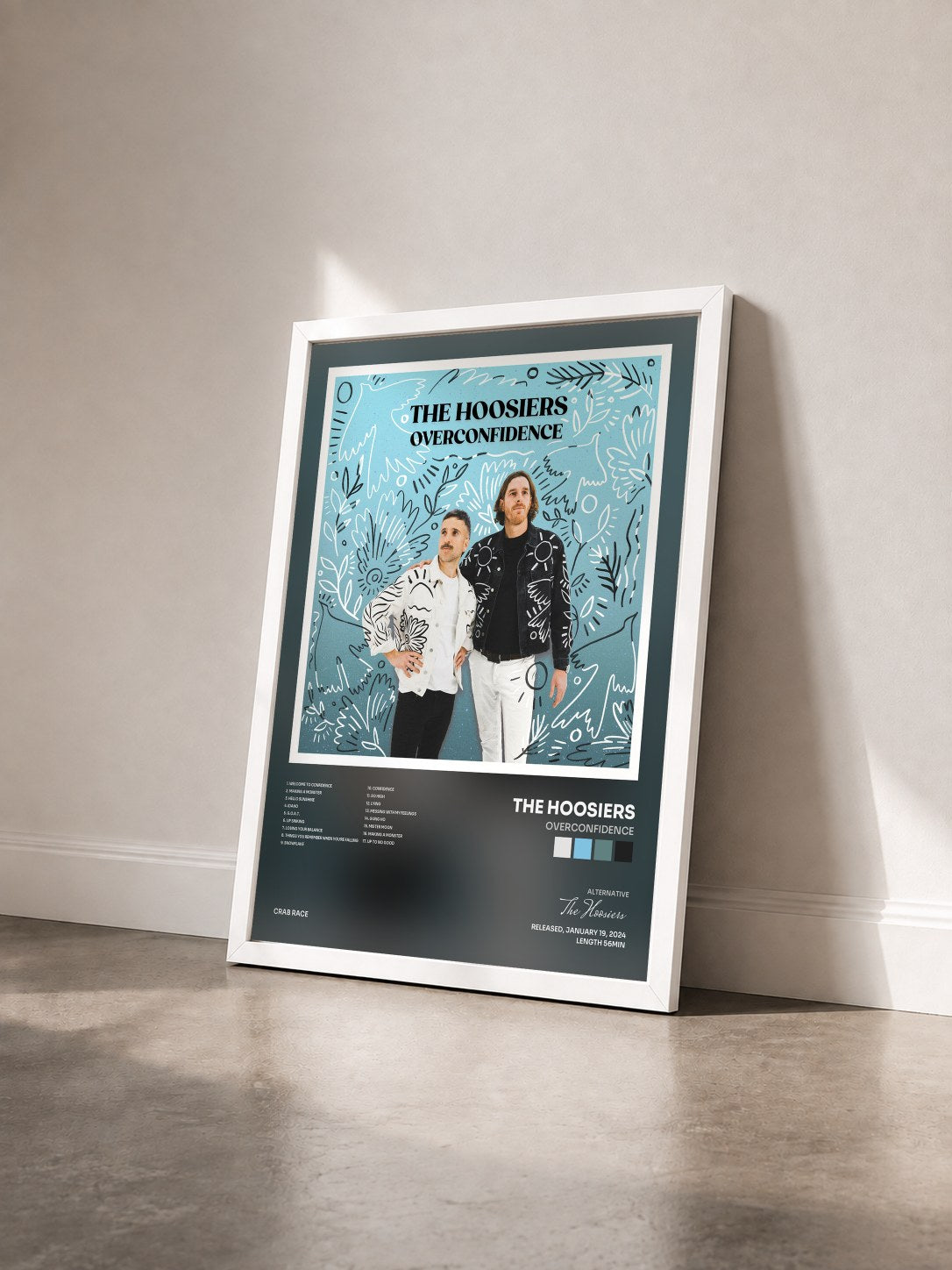 #blanc Tableau de l'album Overconfidence de The Hoosiers vu de trois quarts, cadre blanc