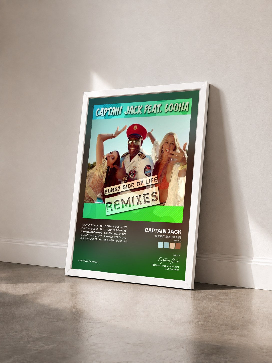 #blanc Tableau de l'album Sunny Side of Life (Remixes) de Captain Jack vu de trois quarts, cadre blanc