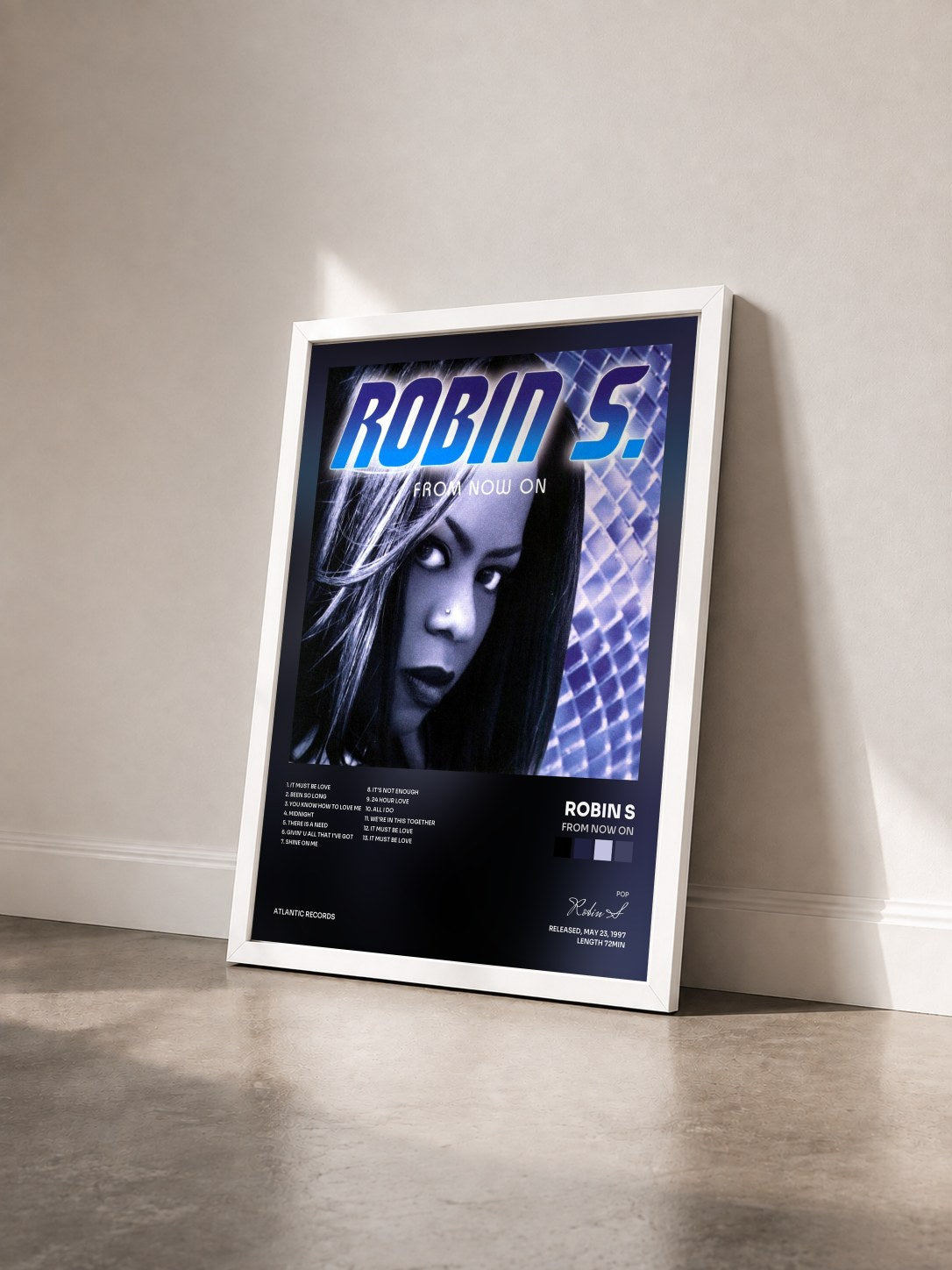 #blanc Tableau de l'album From Now On de Robin S vu de trois quarts, cadre blanc