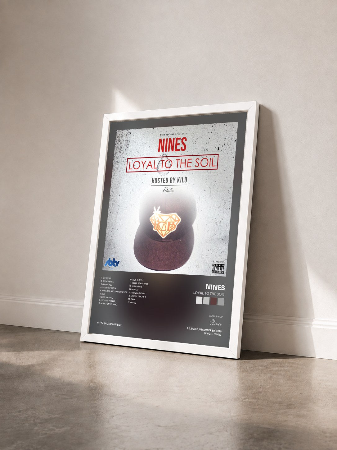 #blanc Tableau de l'album Loyal to the Soil de Nines vu de trois quarts, cadre blanc