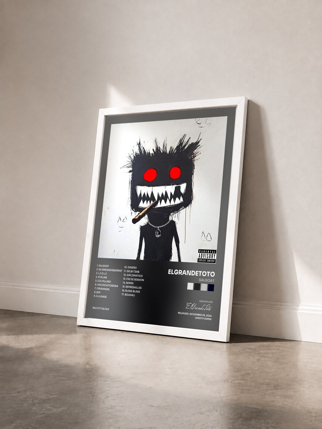 #blanc Tableau de l'album SALGOAT de ElGrandeToto vu de trois quarts, cadre blanc