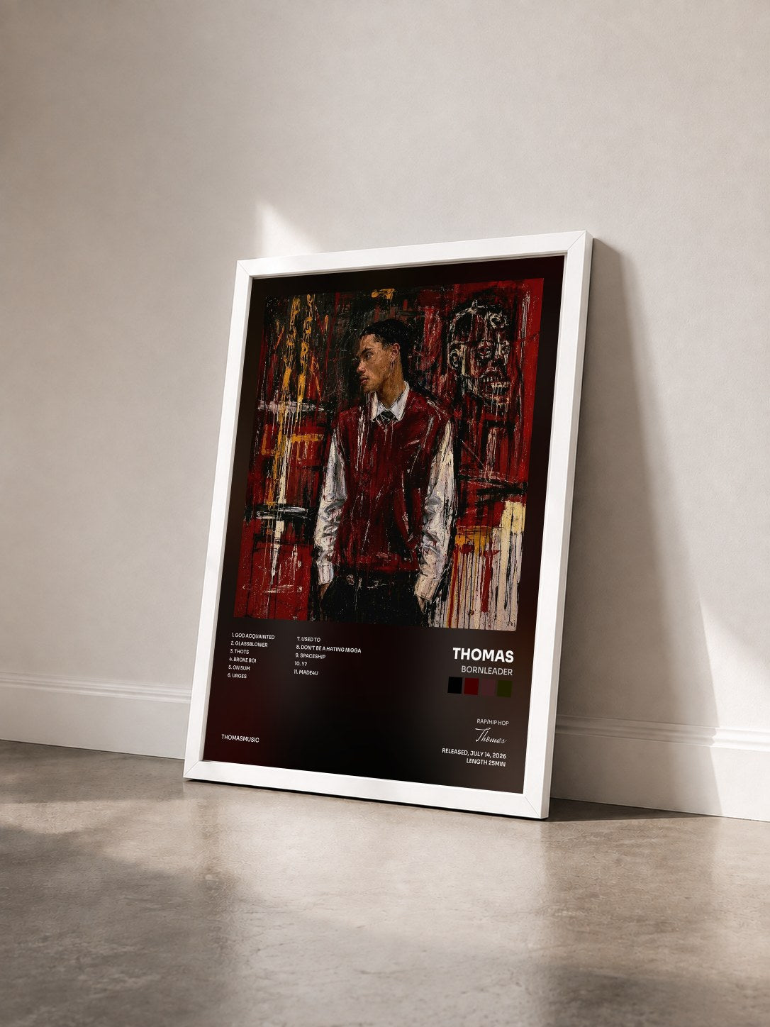 #blanc Tableau de l'album BornLeader de Thomas vu de trois quarts, cadre blanc