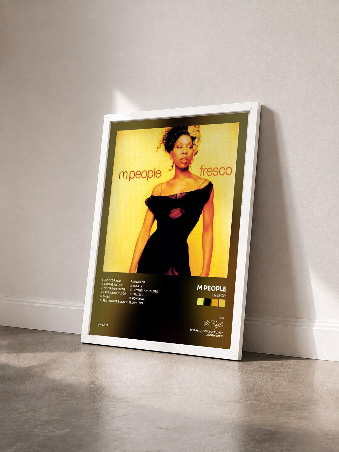 #blanc Tableau de l'album Fresco de M People vu de trois quarts, cadre blanc