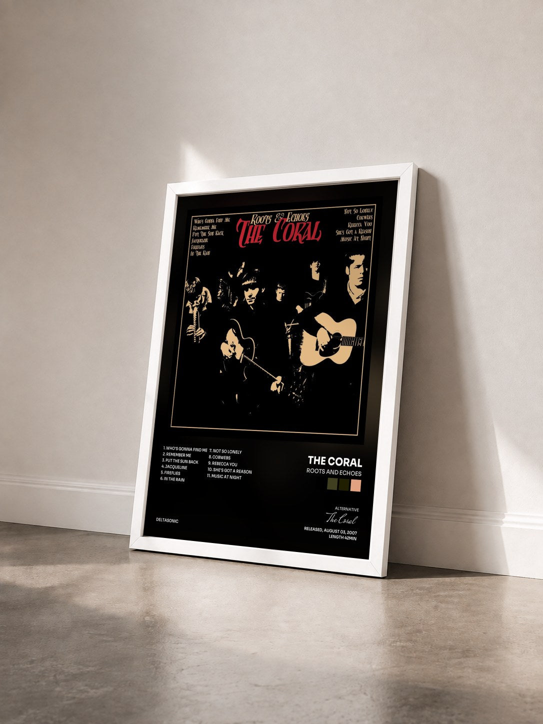 #blanc Tableau de l'album Roots and Echoes de The Coral vu de trois quarts, cadre blanc