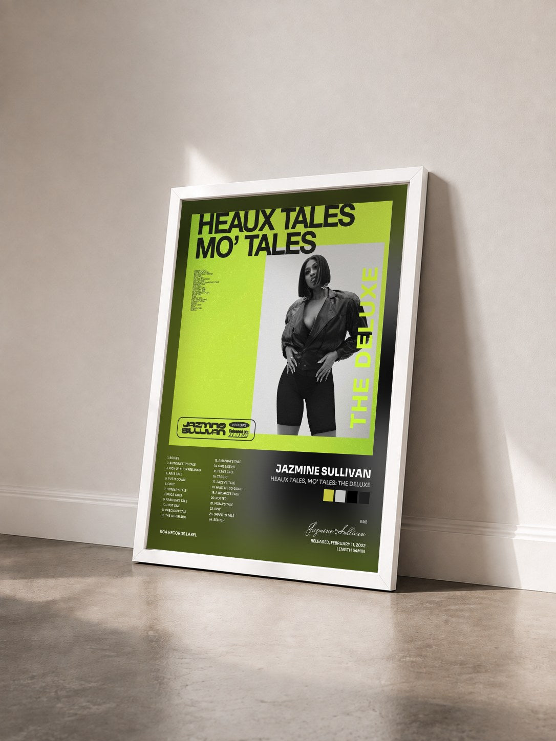 #blanc Tableau de l'album Heaux Tales, Mo' Tales: The Deluxe de Jazmine Sullivan vu de trois quarts, cadre blanc