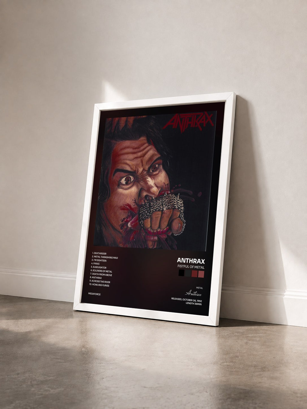 #blanc Tableau de l'album Fistful of Metal de Anthrax vu de trois quarts, cadre blanc