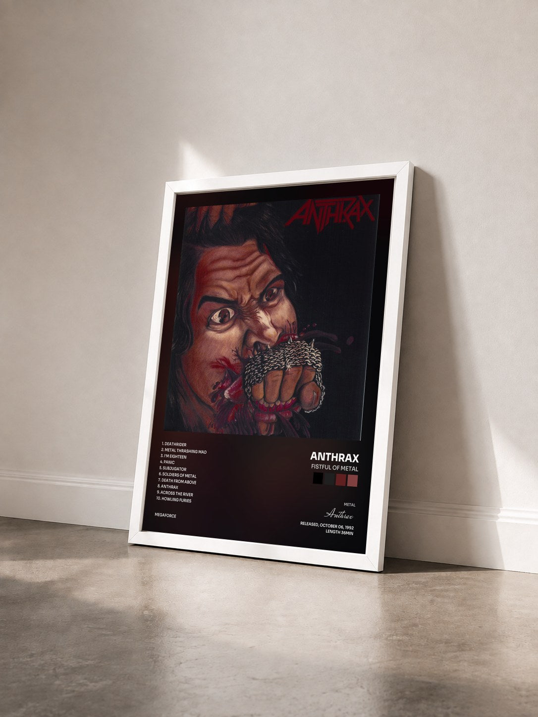 #blanc Tableau de l'album Fistful of Metal de Anthrax vu de trois quarts, cadre blanc