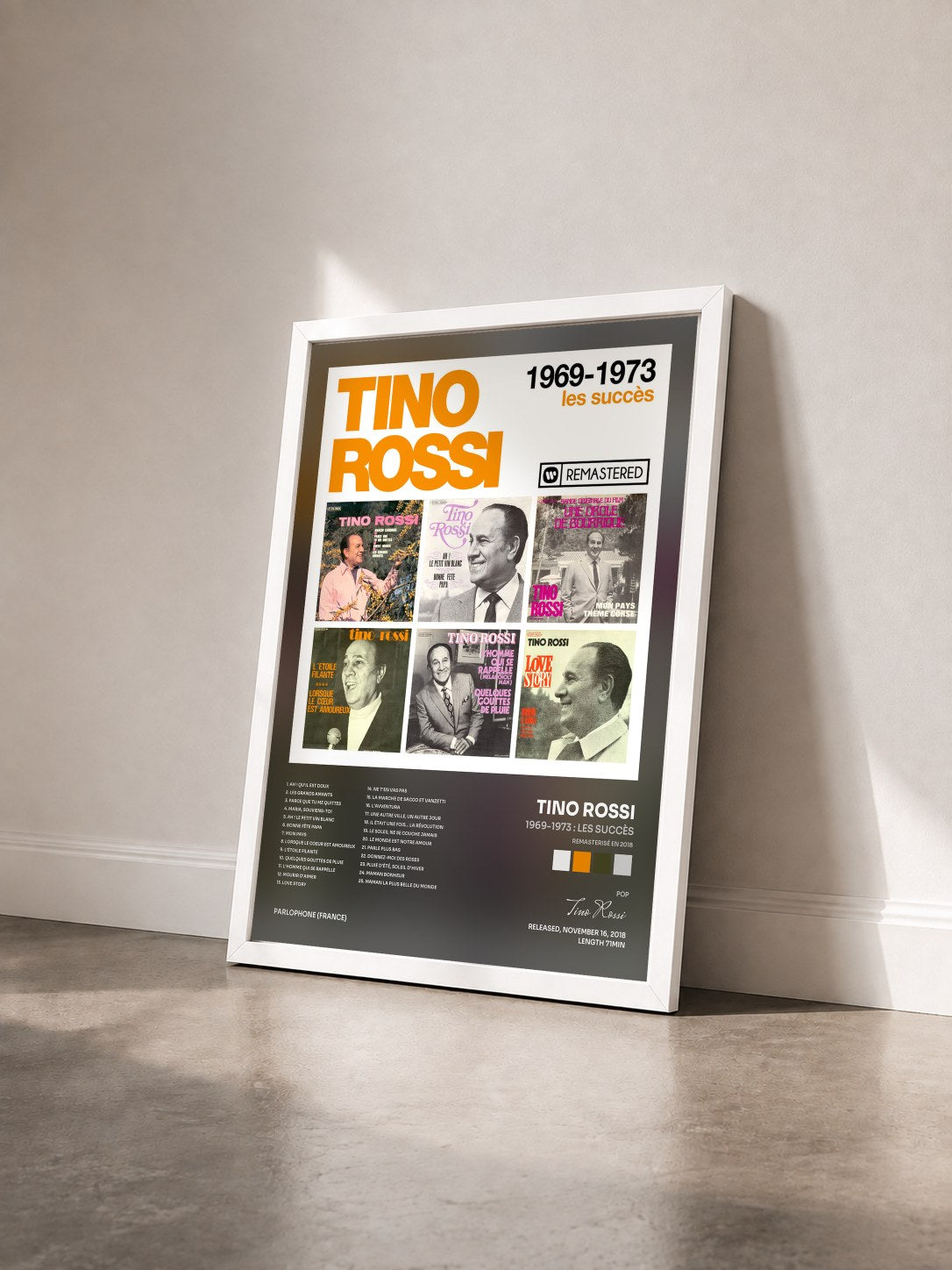 #blanc Tableau de l'album 1969-1973 : Les succès (Remasterisé en 2018) de Tino Rossi vu de trois quarts, cadre blanc
