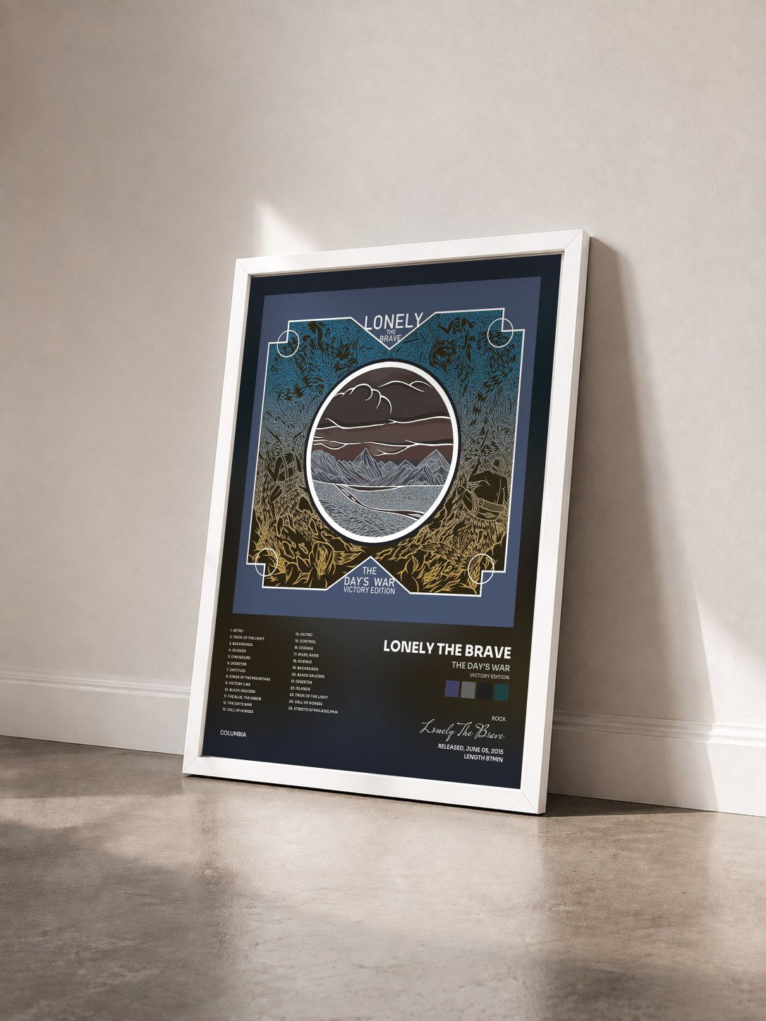 #blanc Tableau de l'album The Day's War (Victory Edition) de Lonely The Brave vu de trois quarts, cadre blanc