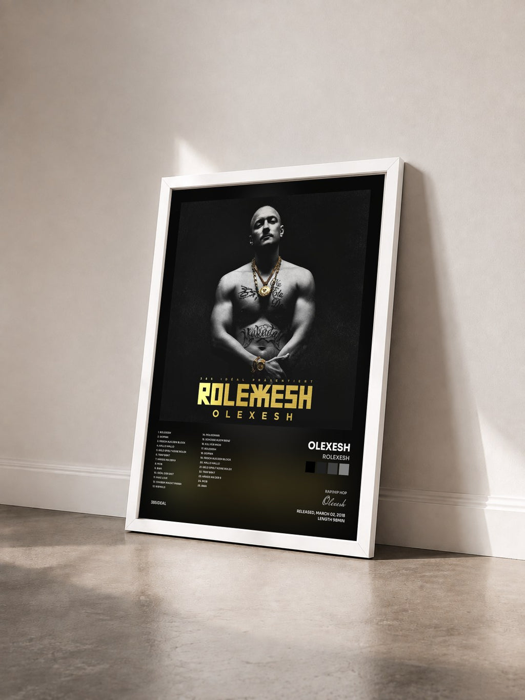 #blanc Tableau de l'album ROLEXESH de Olexesh vu de trois quarts, cadre blanc
