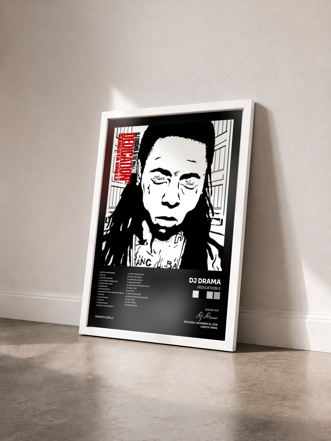 #blanc Tableau de l'album Dedication 2 de Dj Drama vu de trois quarts, cadre blanc
