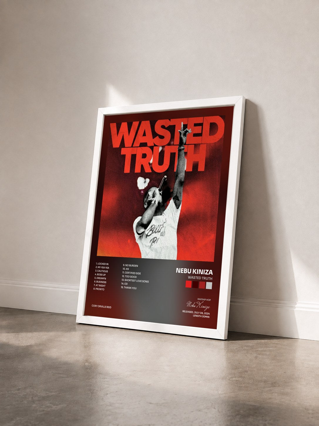 #blanc Tableau de l'album Wasted Truth de Nebu Kiniza vu de trois quarts, cadre blanc