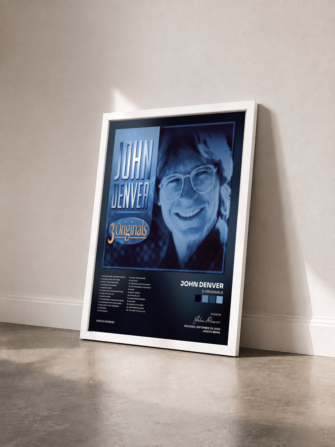 #blanc Tableau de l'album 3 Originals de John Denver vu de trois quarts, cadre blanc