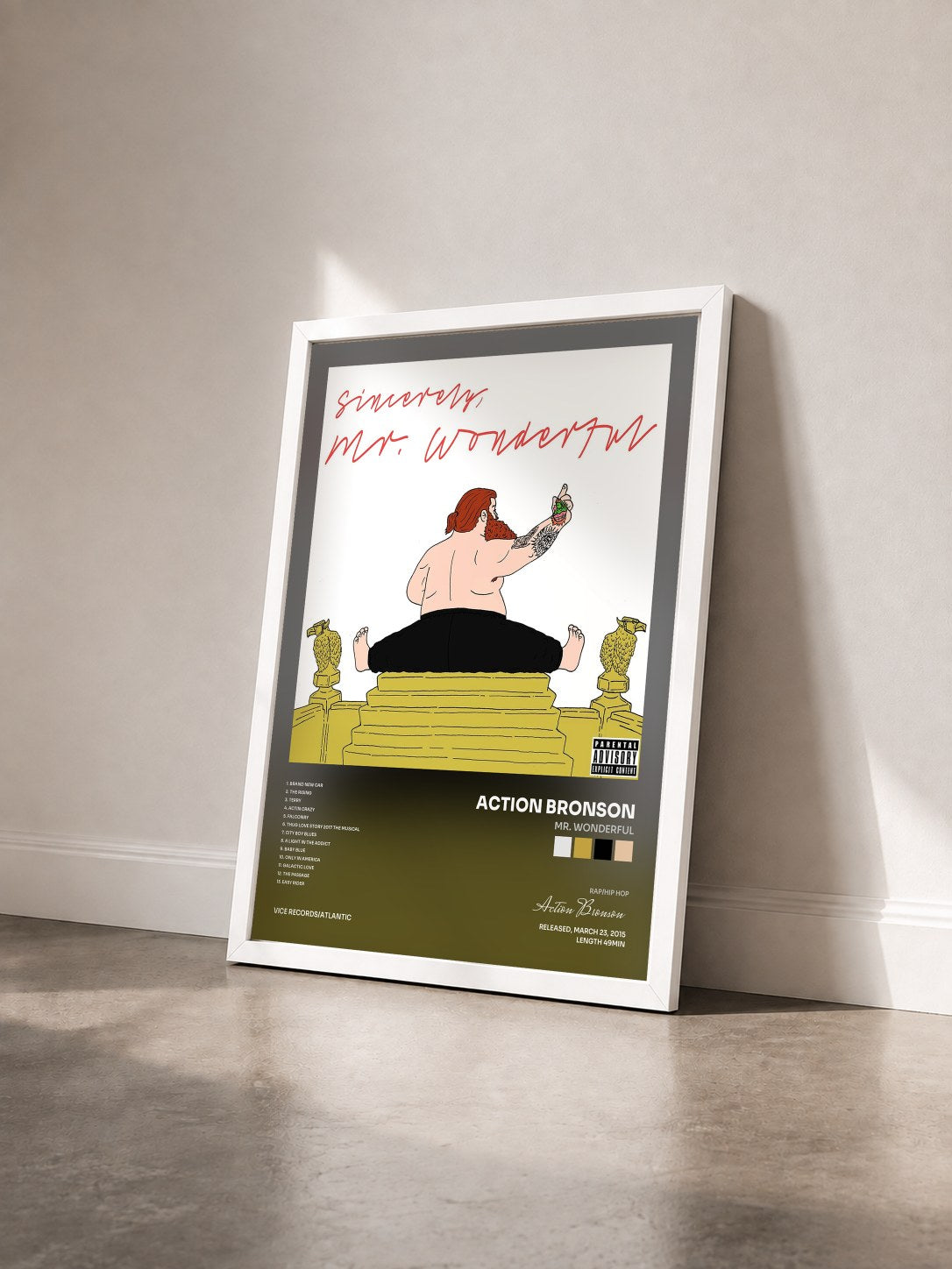 #blanc Tableau de l'album Mr. Wonderful de Action Bronson vu de trois quarts, cadre blanc