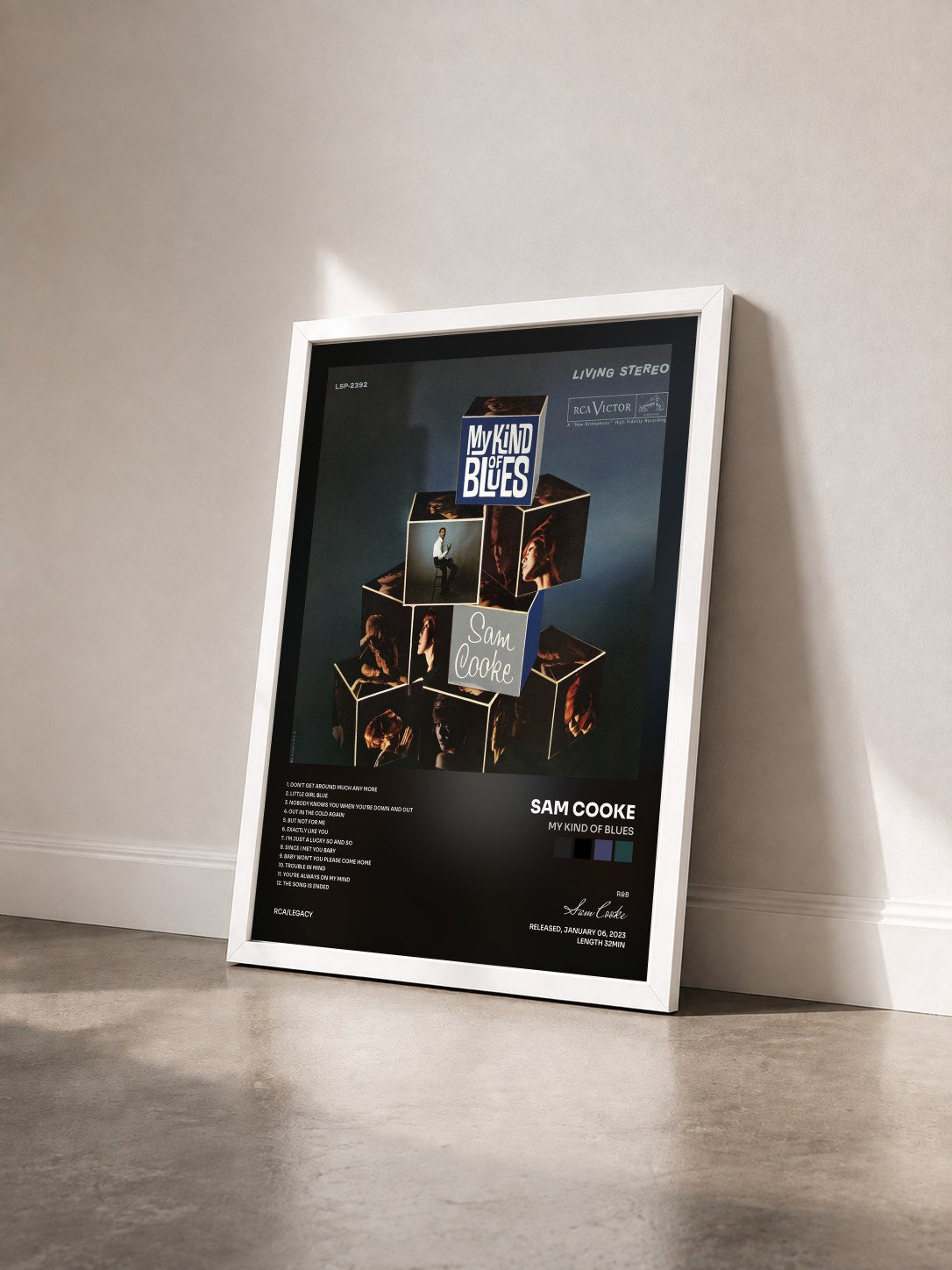 #blanc Tableau de l'album My Kind Of Blues de Sam Cooke vu de trois quarts, cadre blanc