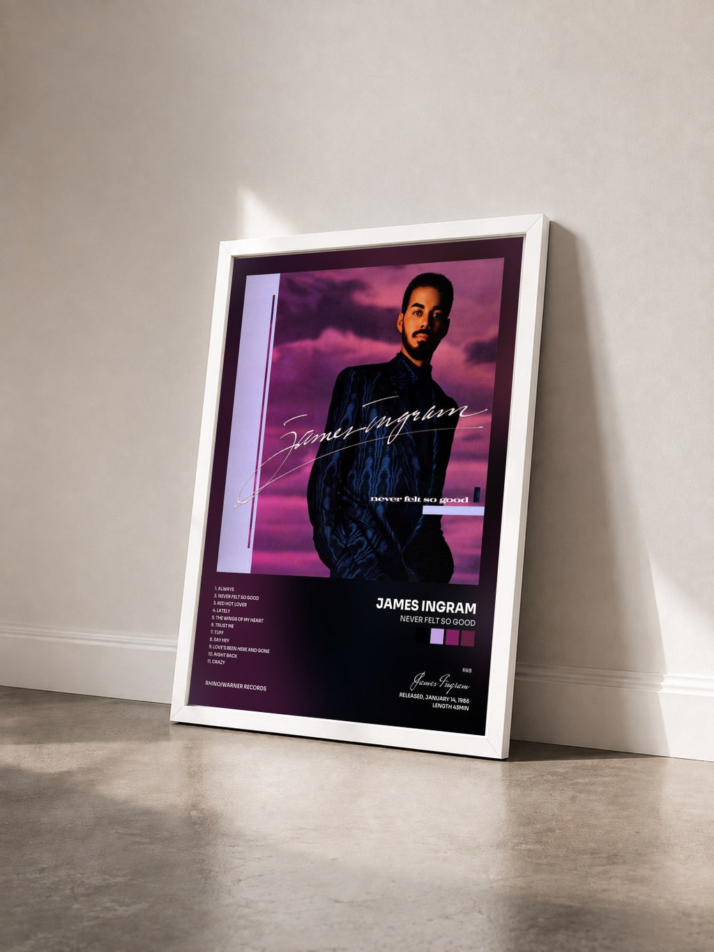 #blanc Tableau de l'album Never Felt So Good de James Ingram vu de trois quarts, cadre blanc