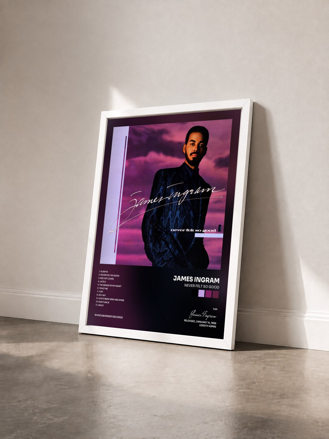 #blanc Tableau de l'album Never Felt So Good de James Ingram vu de trois quarts, cadre blanc