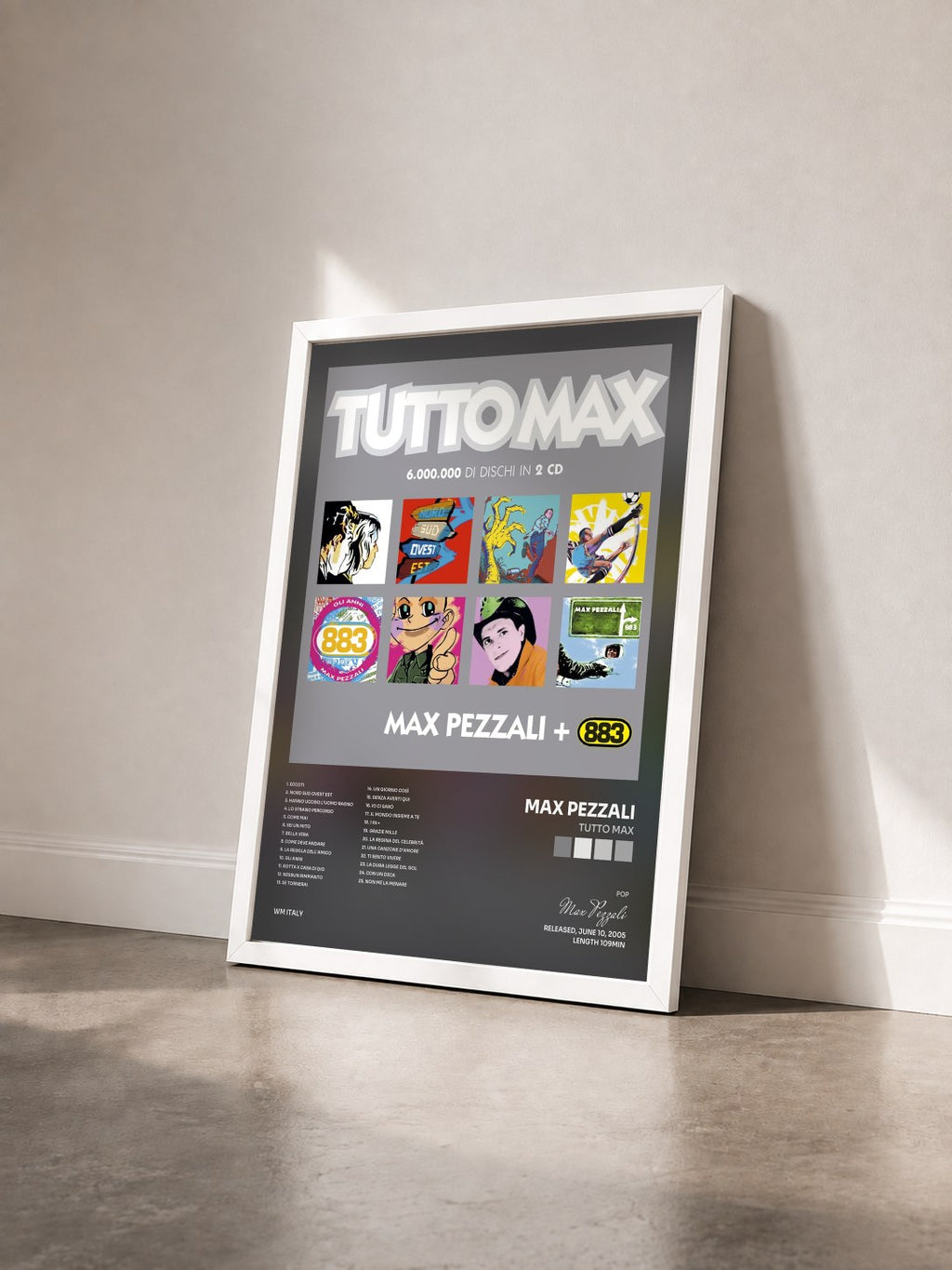 #blanc Tableau de l'album Tutto Max de Max Pezzali vu de trois quarts, cadre blanc