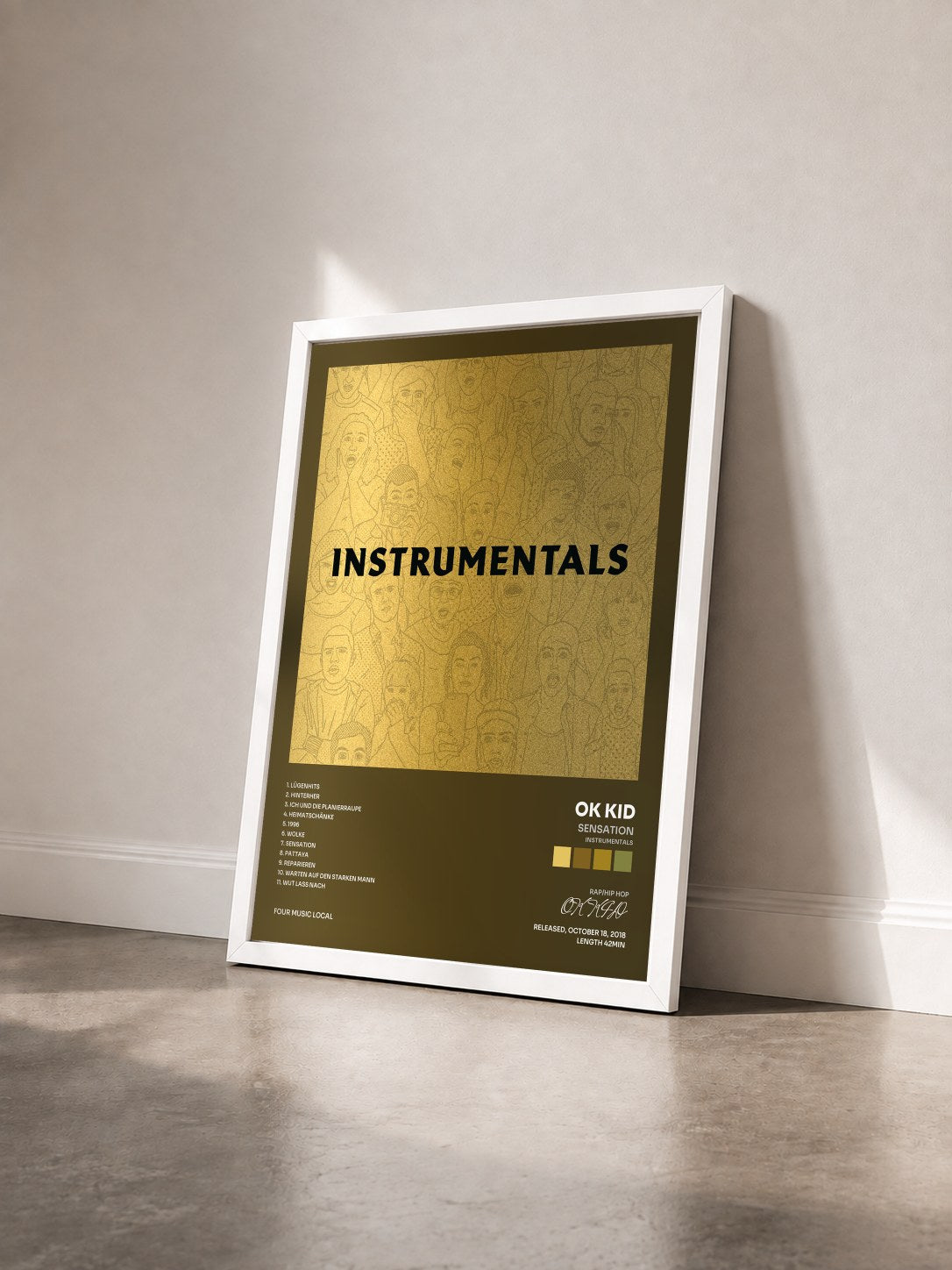 #blanc Tableau de l'album Sensation (Instrumentals) de OK KID vu de trois quarts, cadre blanc