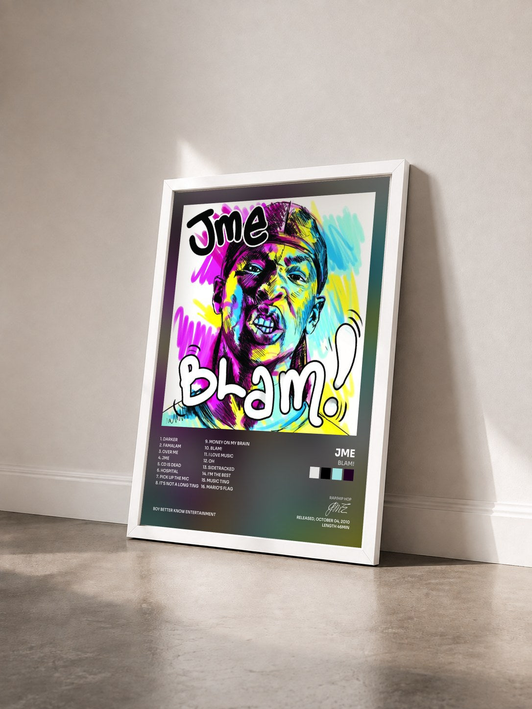 #blanc Tableau de l'album Blam! de JME vu de trois quarts, cadre blanc