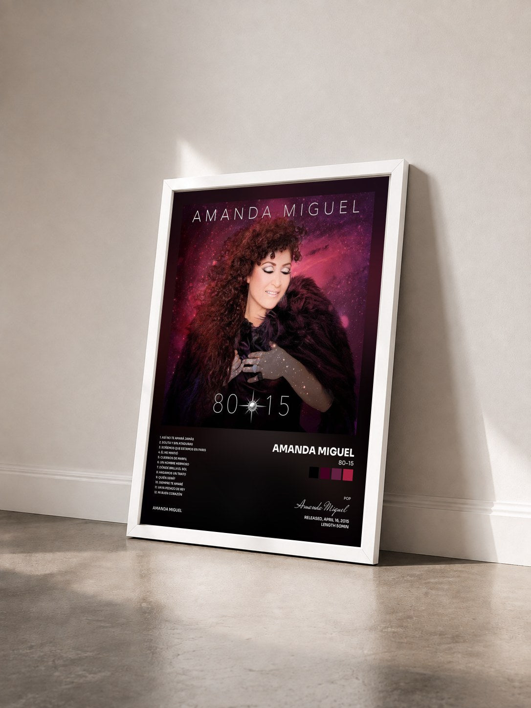 #blanc Tableau de l'album 80-15 de Amanda Miguel vu de trois quarts, cadre blanc