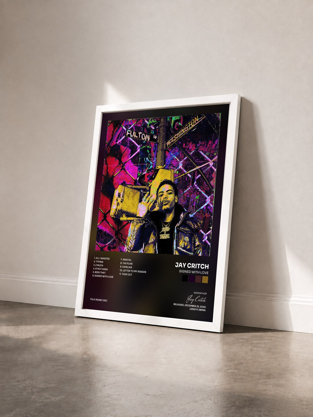 #blanc Tableau de l'album Signed with Love de Jay Critch vu de trois quarts, cadre blanc