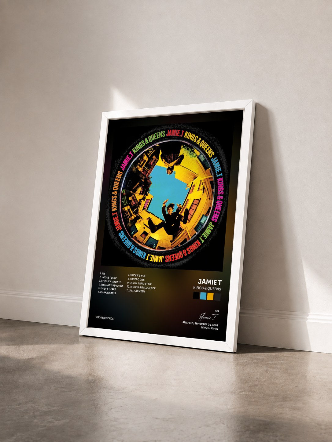 #blanc Tableau de l'album Kings & Queens de Jamie T vu de trois quarts, cadre blanc
