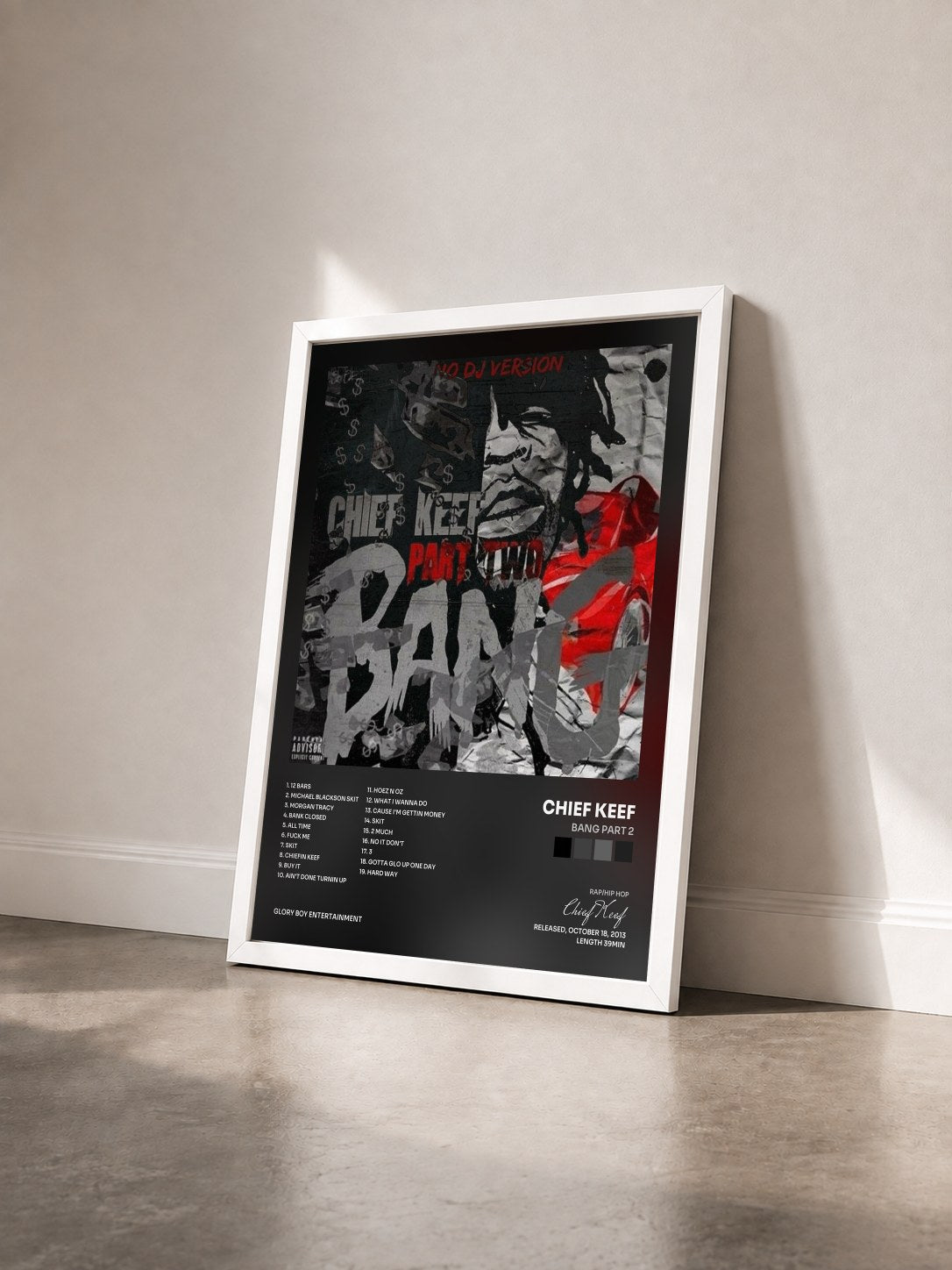 #blanc Tableau de l'album Bang Part 2 de Chief Keef vu de trois quarts, cadre blanc