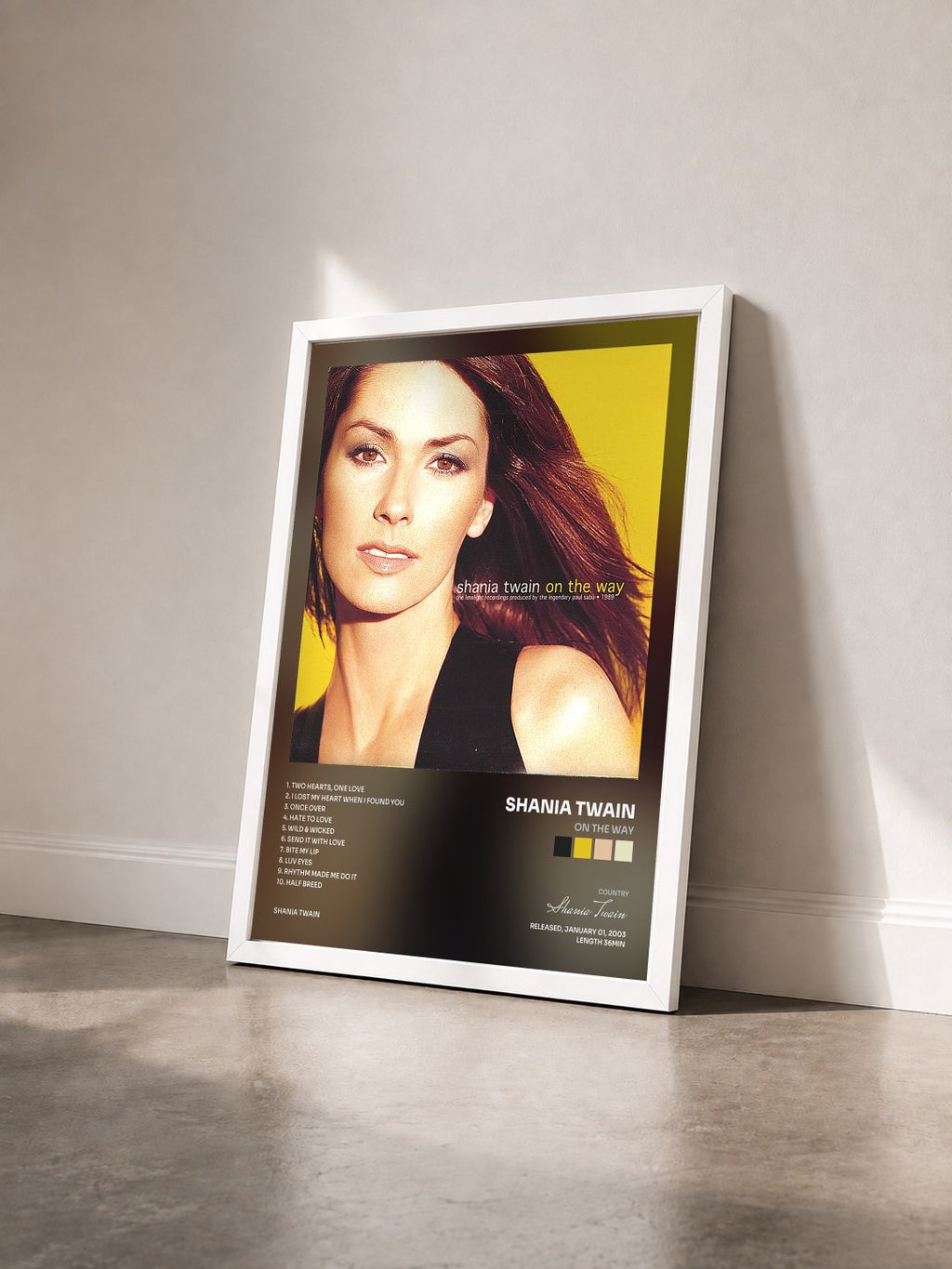 #blanc On The Way by Shania Twain as a framed art print seen at an angle, white frame