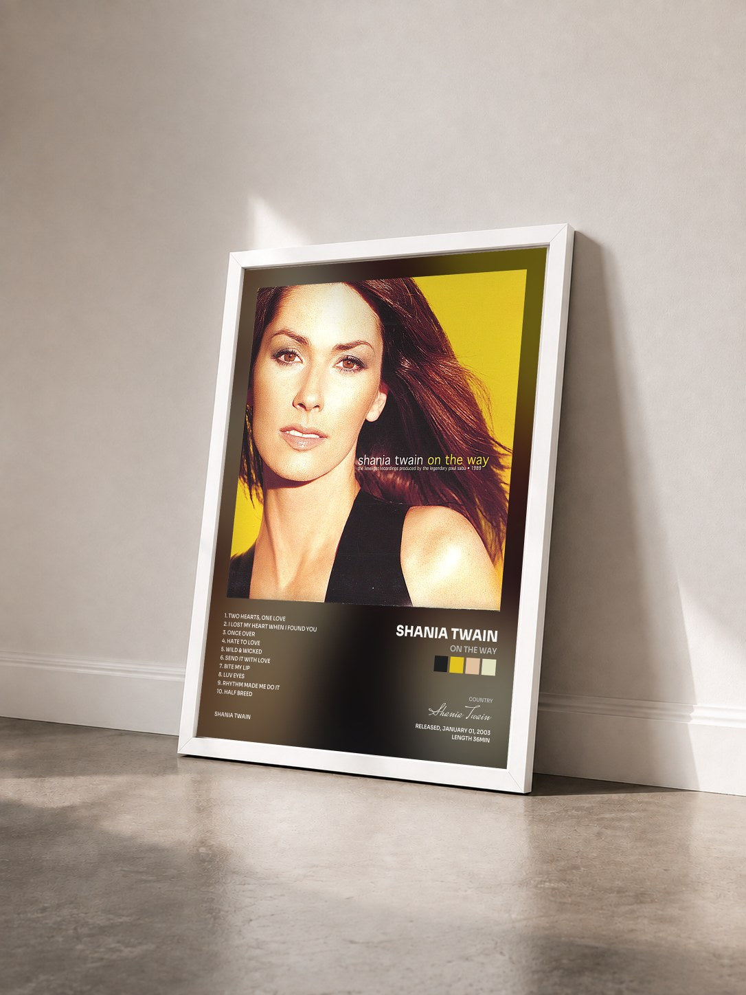 #blanc Tableau de l'album On The Way de Shania Twain vu de trois quarts, cadre blanc