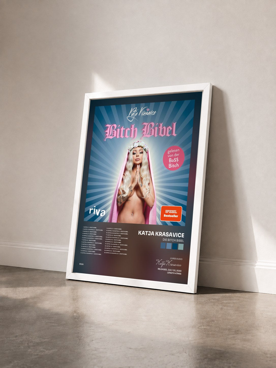 #blanc Tableau de l'album Die Bitch Bibel de Katja Krasavice vu de trois quarts, cadre blanc