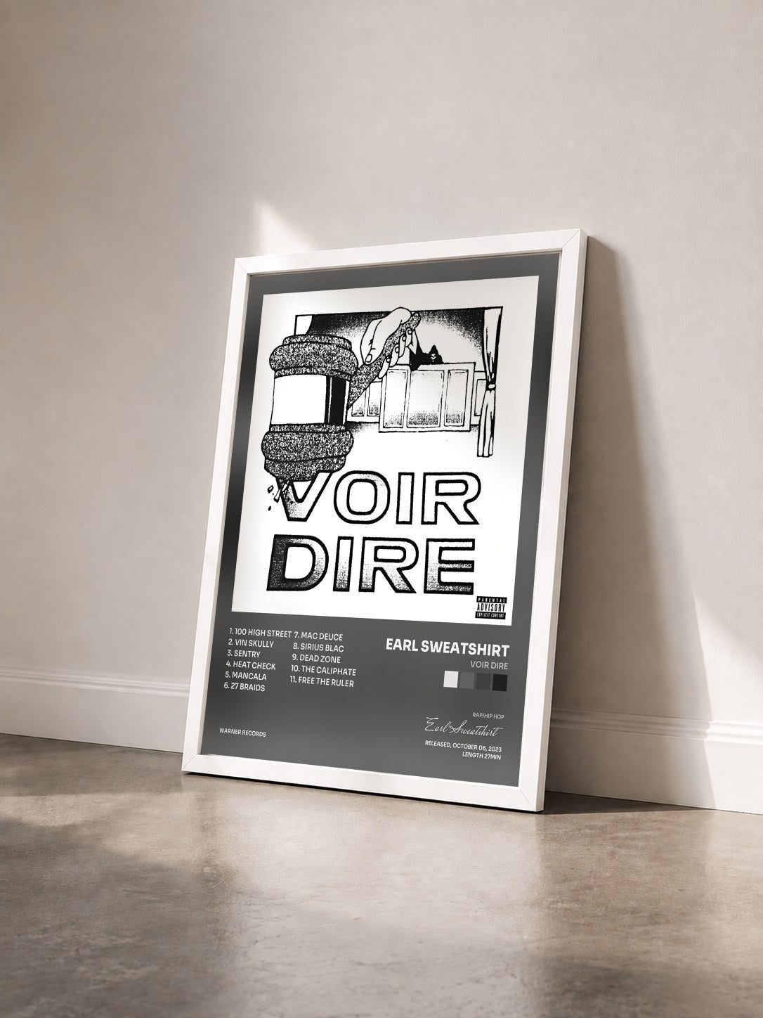 #blanc Tableau de l'album VOIR DIRE de Earl Sweatshirt vu de trois quarts, cadre blanc
