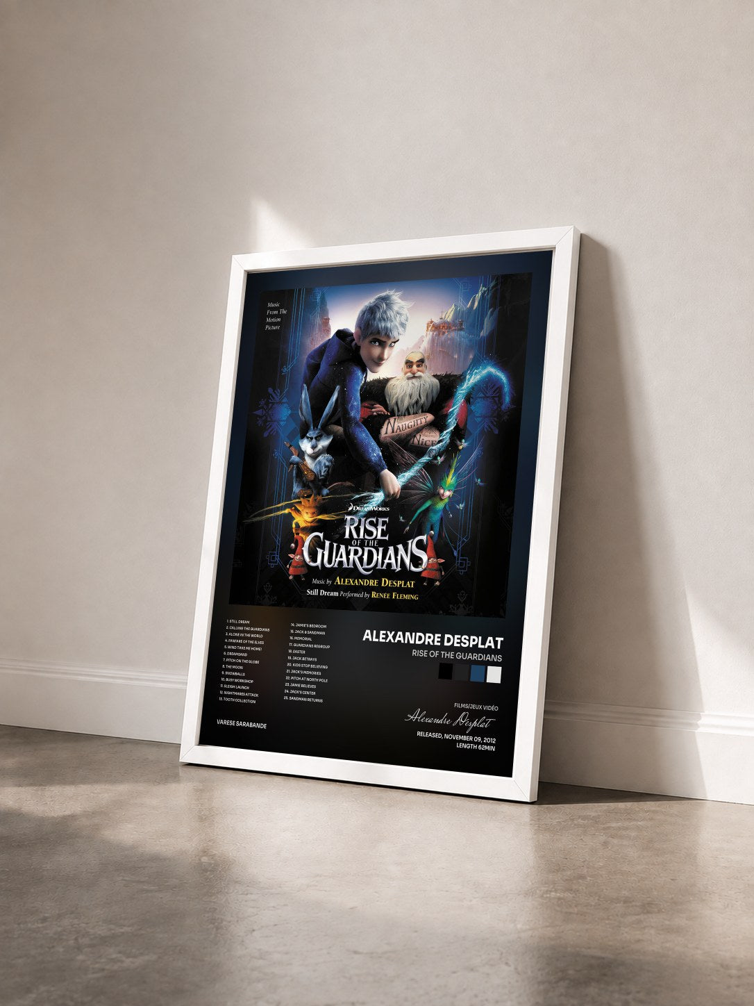 #blanc Tableau de l'album Rise Of The Guardians de Alexandre Desplat vu de trois quarts, cadre blanc