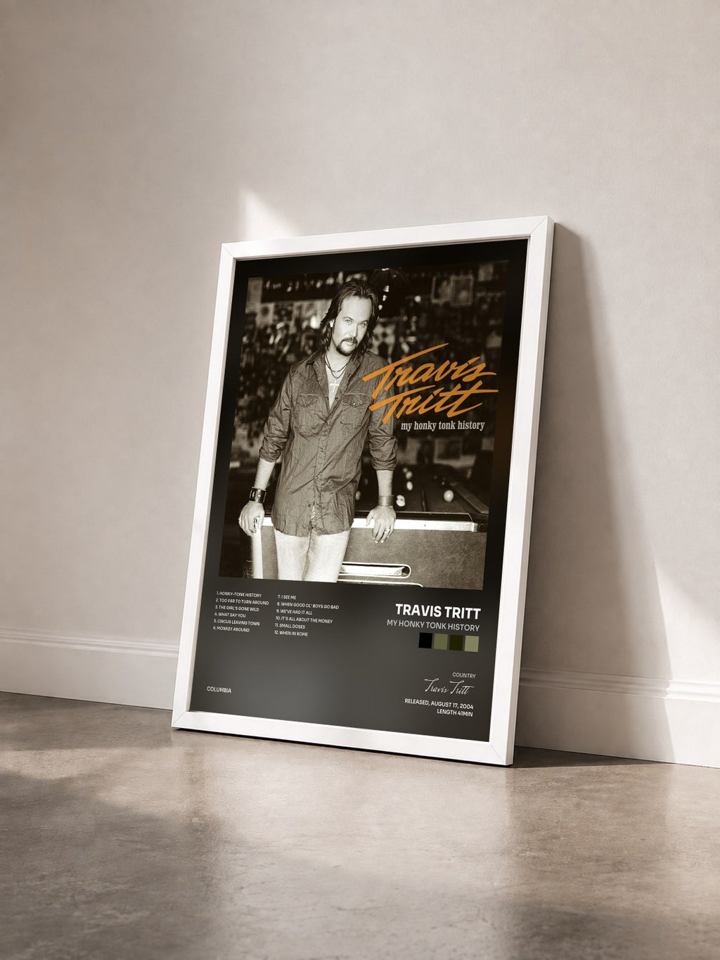 #blanc Tableau de l'album My Honky Tonk History de Travis Tritt vu de trois quarts, cadre blanc
