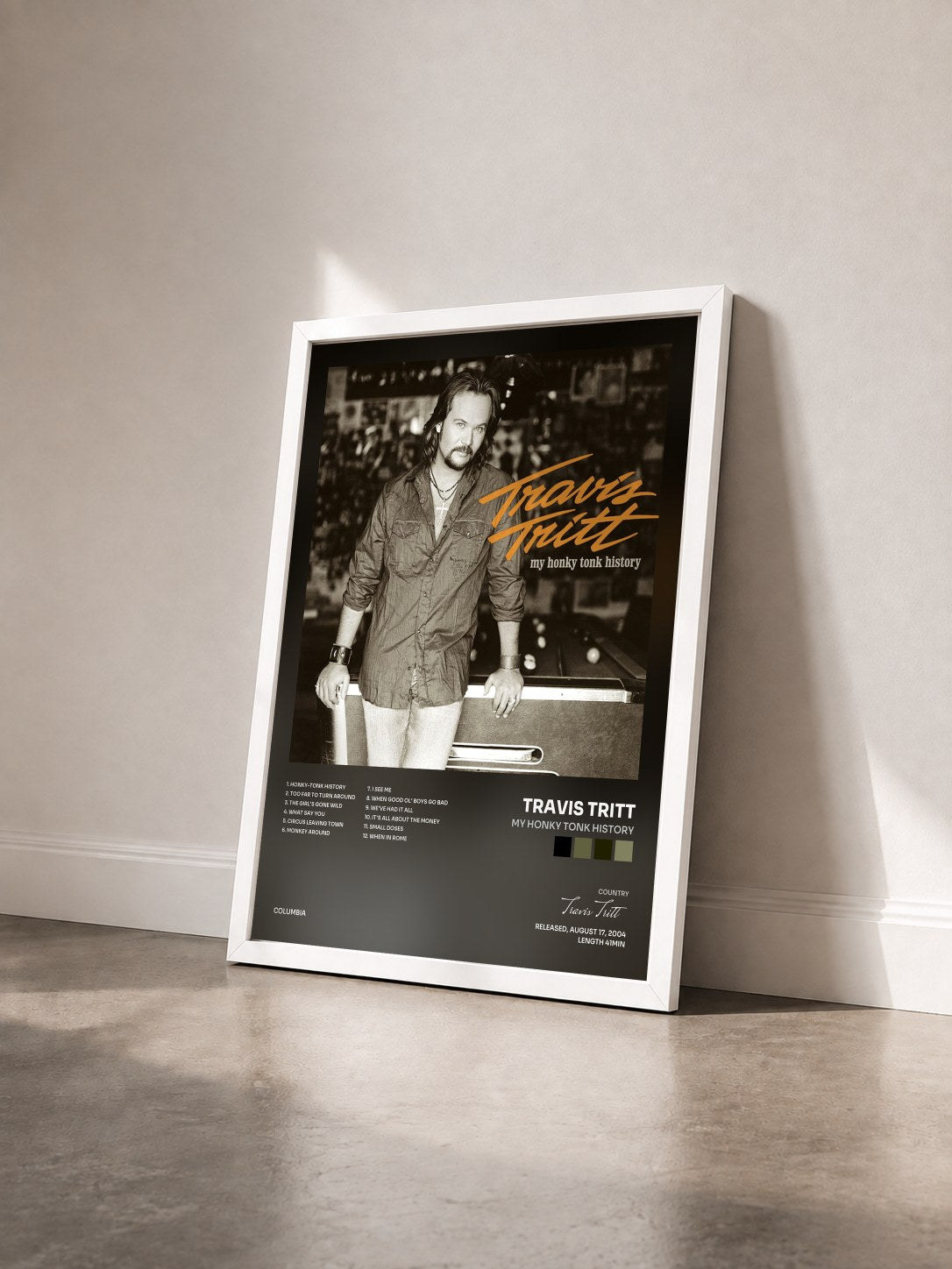 #blanc Tableau de l'album My Honky Tonk History de Travis Tritt vu de trois quarts, cadre blanc