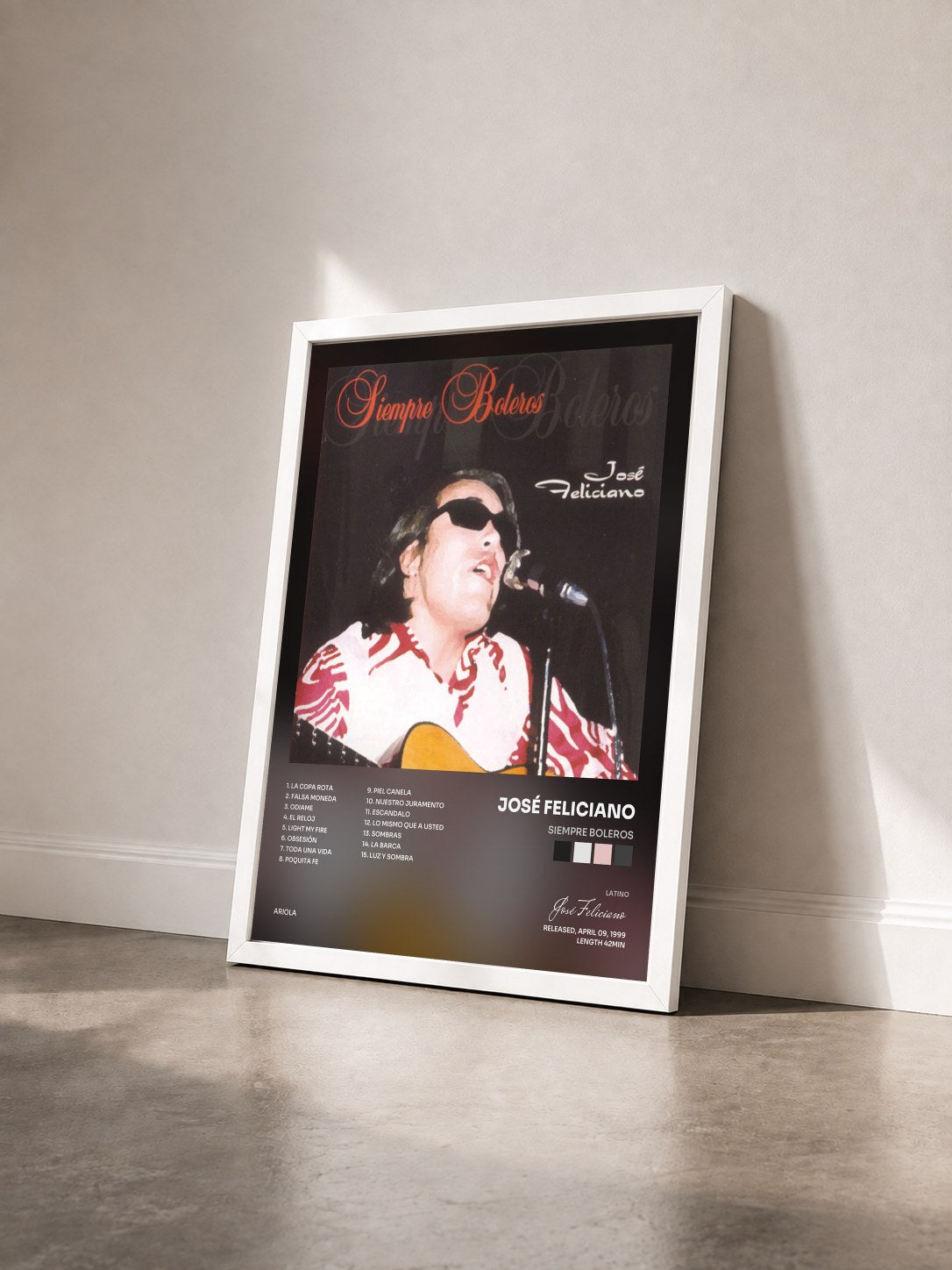 #blanc Tableau de l'album Siempre Boleros de José Feliciano vu de trois quarts, cadre blanc