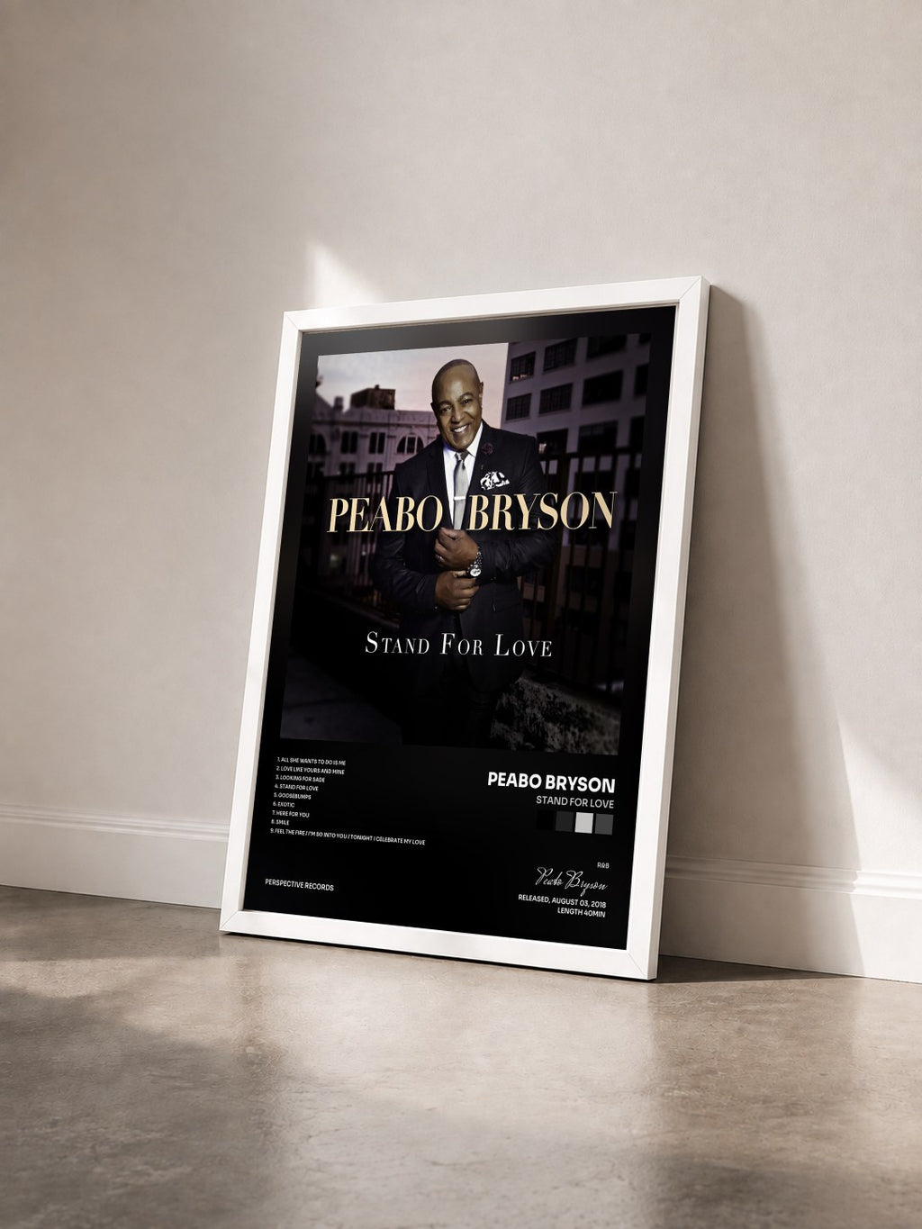 #blanc Tableau de l'album Stand For Love de Peabo Bryson vu de trois quarts, cadre blanc